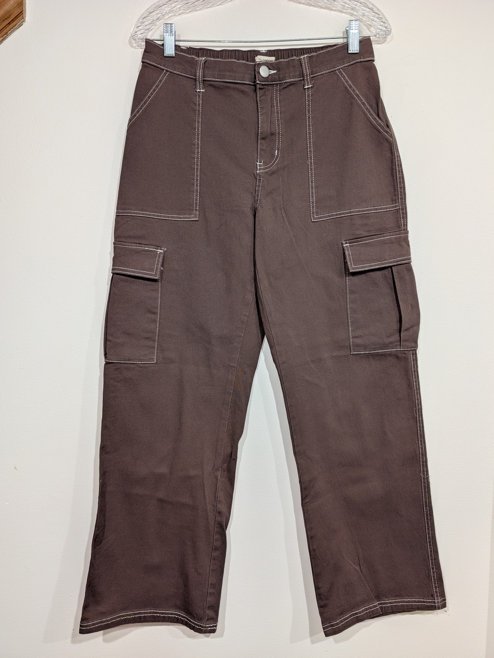 No Comment Wide-Leg Cargo Pants Dark Brown White Stitch Juniors LG